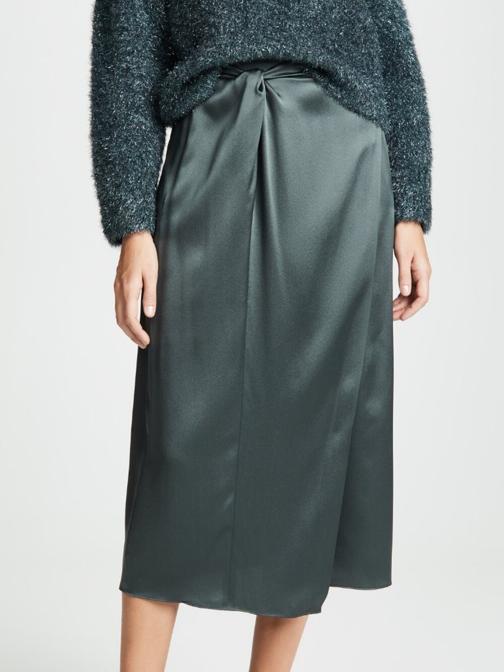 NWT Vince Knot Paneled Silk Satin Midi Skirt in Mineral Stone Green Size XS $325 - Picture 2 of 16